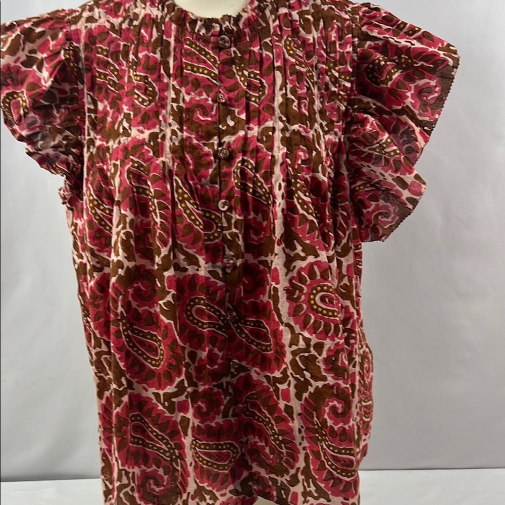Cleobella Organic Smocked Paisley Pink and Brown Ruffle Sleeved Blouse Size L‎